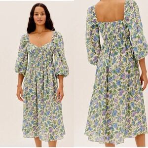 For Love & Lemons Bridget Midi White Green Dress Floral Puff Size S